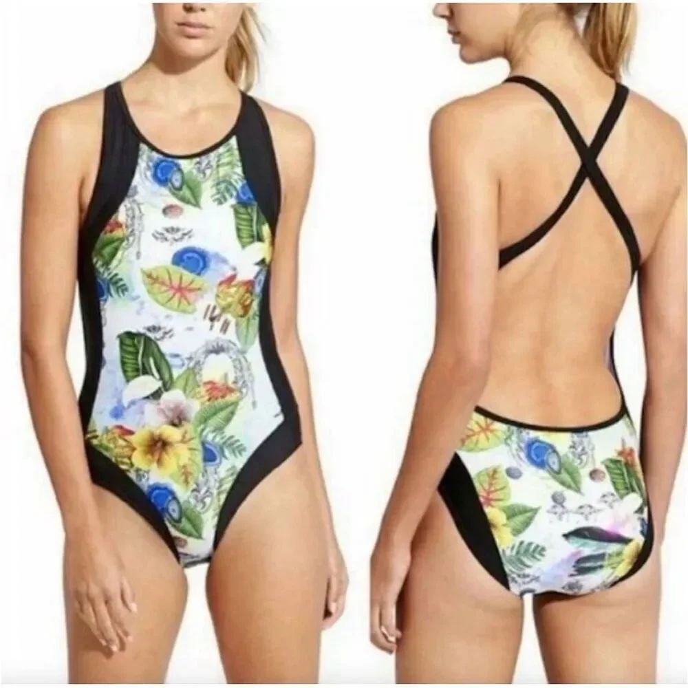 Athleta Streamline Tropical Print Crossback 1pc Swimsuit Swim S